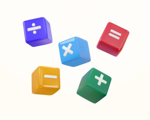 3d rendered colorful basic math calculation symbol in cube shape, plus and minus, multiplication and divide, equal. Math teaching and learning toys. Primary educational tool. Vector illustration.