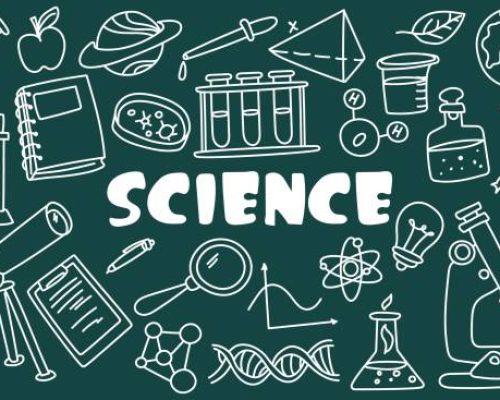 A set of hand-drawn vector contours on the topic of science, education and school. Doodle elements flask, book, notebook, microscope, planet, telescope, dna, magnet, test tubes with inscription.